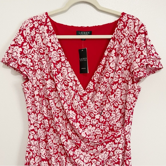 NWT Ralph Lauren Cream and Berry Floral Jersey Faux Wrap Dress Women’s Sz 16 - Picture 4 of 11